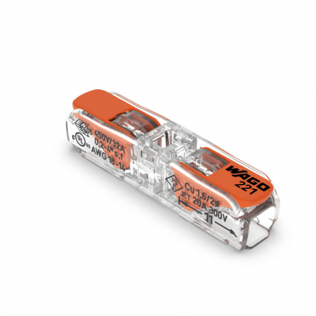 Cleme Wago - Conector de îmbinare în linie cu pârghie; pentru toate tipurile de conductori; max. 4 mm²; 2 conductori; carcasă transparentă;