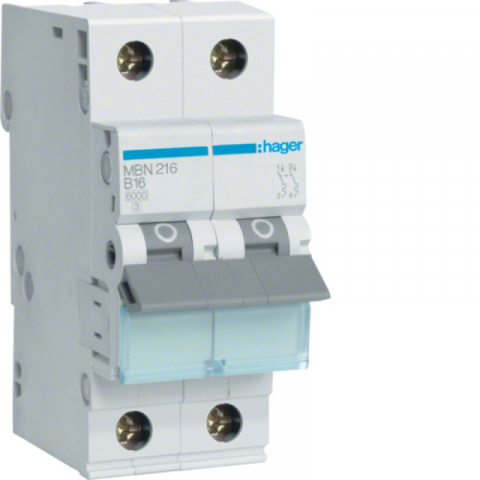 2 Module (2P) - Disjunctor bipolar Hager, 2P, 16A, curba B, 6kA