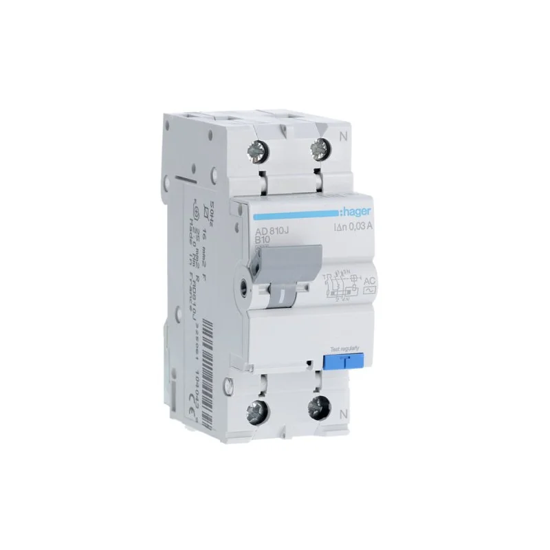 RCBO - Intrerupatoare cu protectie diferentiala si la supracurent - Disjunctor diferential, 1P+N, 10A, 30mA, curba B, 4.5kA, tip AC, Hager