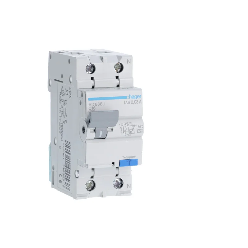 RCBO - Intrerupatoare cu protectie diferentiala si la supracurent - Disjunctor diferential, 1P+N, 16A, 30mA, curba C, 4.5kA, tip AC Hager