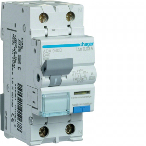 RCBO - 30mA - tip A - DISJUNCTOR DIFERENTIAL 1P+N 40A/30MA,B, TIP A, ADA940D Hager