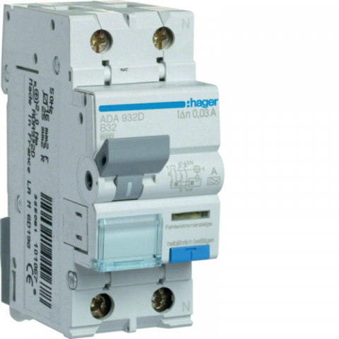 RCBO - 30mA - tip A - DISJUNCTOR DIFERENTIAL RCBO 1P+N 32A/30MA, B, TIP A, HAGER