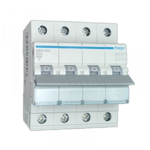 4 Module (3P+N) - Disjunctor tetrapolar Hager, 4P, 50A, curba B, 6kA
