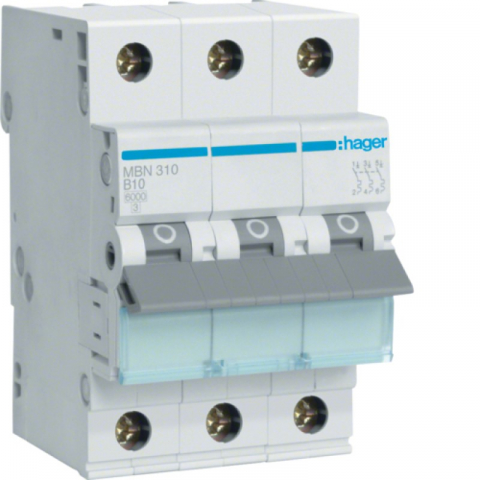 MCB - Sigurante automate - Disjunctor tripolar Hager, 3P, 10A, curba B, 6kA,