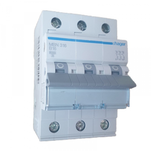 MCB - Sigurante automate - Disjunctor tripolar Hager, 3P, 16A, curba B, 6kA