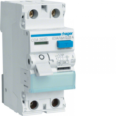 RCCB - Intrerupatoare de curent rezidual - INTRERUPATOR DIFERENTIAL RCCB 2P 63A/30MA, 6KA, TIP A HAGER