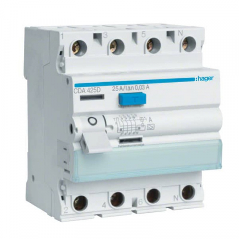 RCCB - Intrerupatoare de curent rezidual - ÎNTRERUPĂTOR DIFERENȚIAL RCCB 4P 25A/30MA, 6KA, TIP A, HAGER