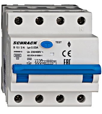 RCBO - Intrerupatoare cu protectie diferentiala si la supracurent - Întreruptor automat+dif. 3+N, AMPARO 6kA, B 10A, 30mA,tip A
