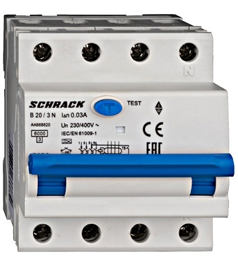 RCBO - Intrerupatoare cu protectie diferentiala si la supracurent - Întreruptor automat+dif. 3+N, AMPARO 6kA, B 20A, 30mA,tip A