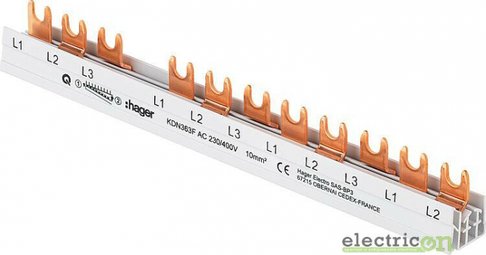 Bareta alimentare (busbar), 3P, tip furca, 12 module, 10mmp, 63A, Hager, KDN363F [2]