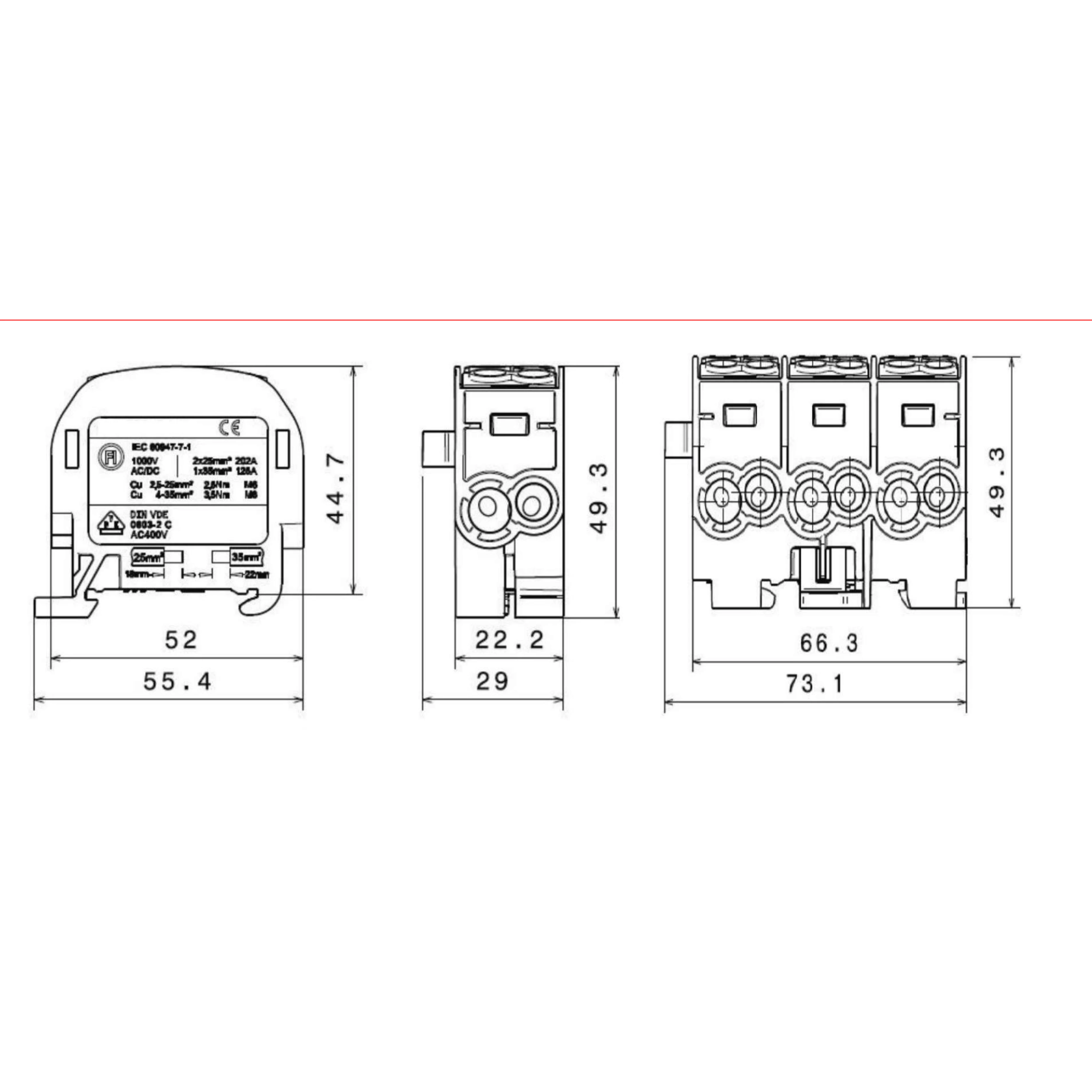 Clemă derivație Cu-Al, 35mm², 3P, izolată, maro/negru/gri, Schrack, IKA26283-A [8]