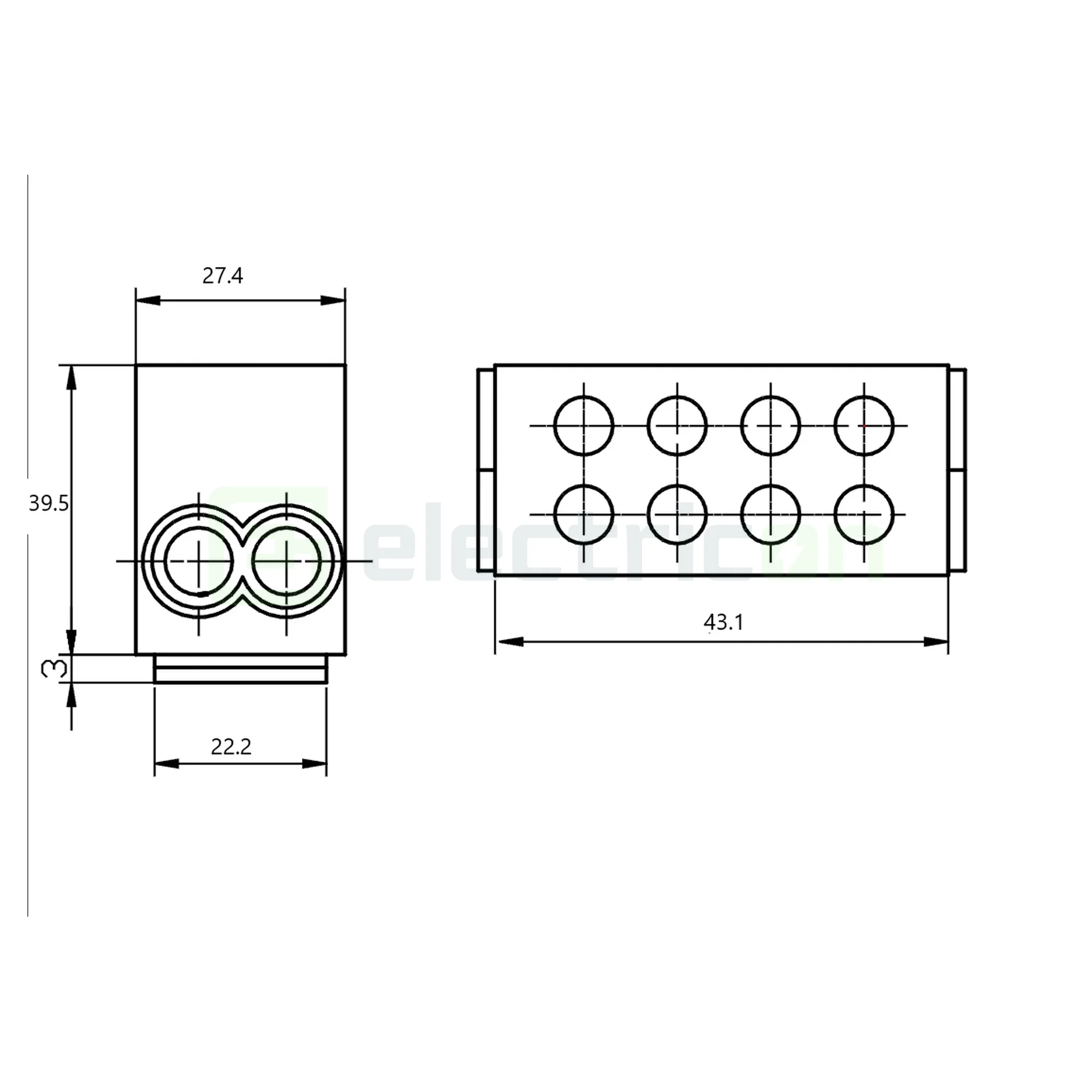 Clema derivatie, fixare pe sina, gri FLE-25 2×25mm2 / 2×25mm2, 400VAC, 101A Tracon Electric, FLE-25 [2]