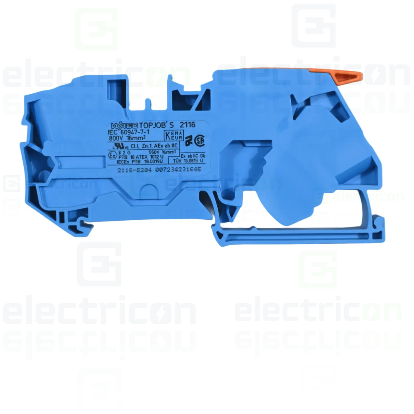 Clema șir, cu pârghie și buton, 2 conexiuni, 16 mm²,albastru, TopJobs Clamp, Wago, 2116-5204 [1]