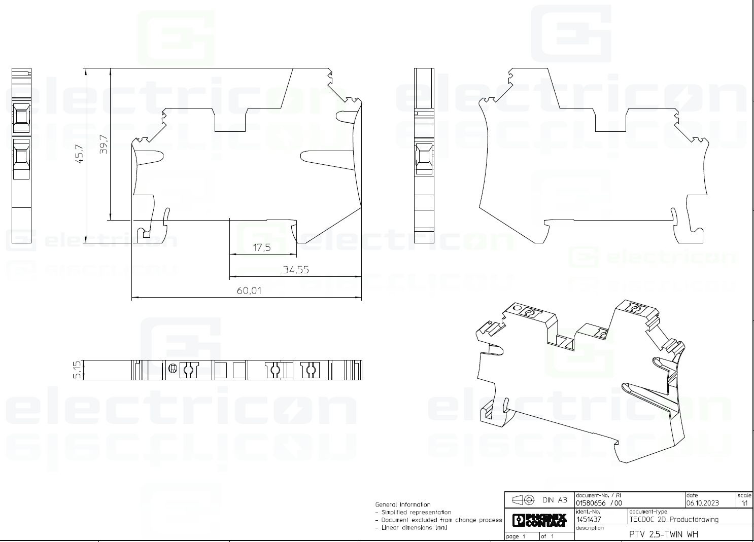 Clemă șir de trecere, 3 conexiuni, 2.5 mm², alb, PTV 2.5 TWIN WH, Phoenix Contact, 1451437 [4]