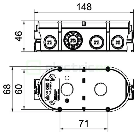 Doză aparataj dublă, sub tencuială,UG 46-DV,  2xØ60 mm,  pentru țevi 20/25 mm, OBO Bettermann 2003722 [2]