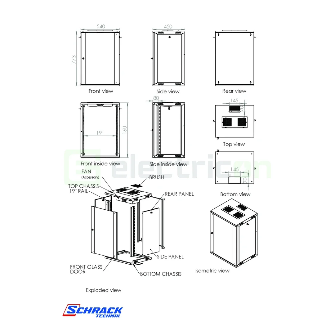 Dulap electric tip Rack, DTW, 16U, 773x540x450, 19", Schrack, DTWE165445 [4]