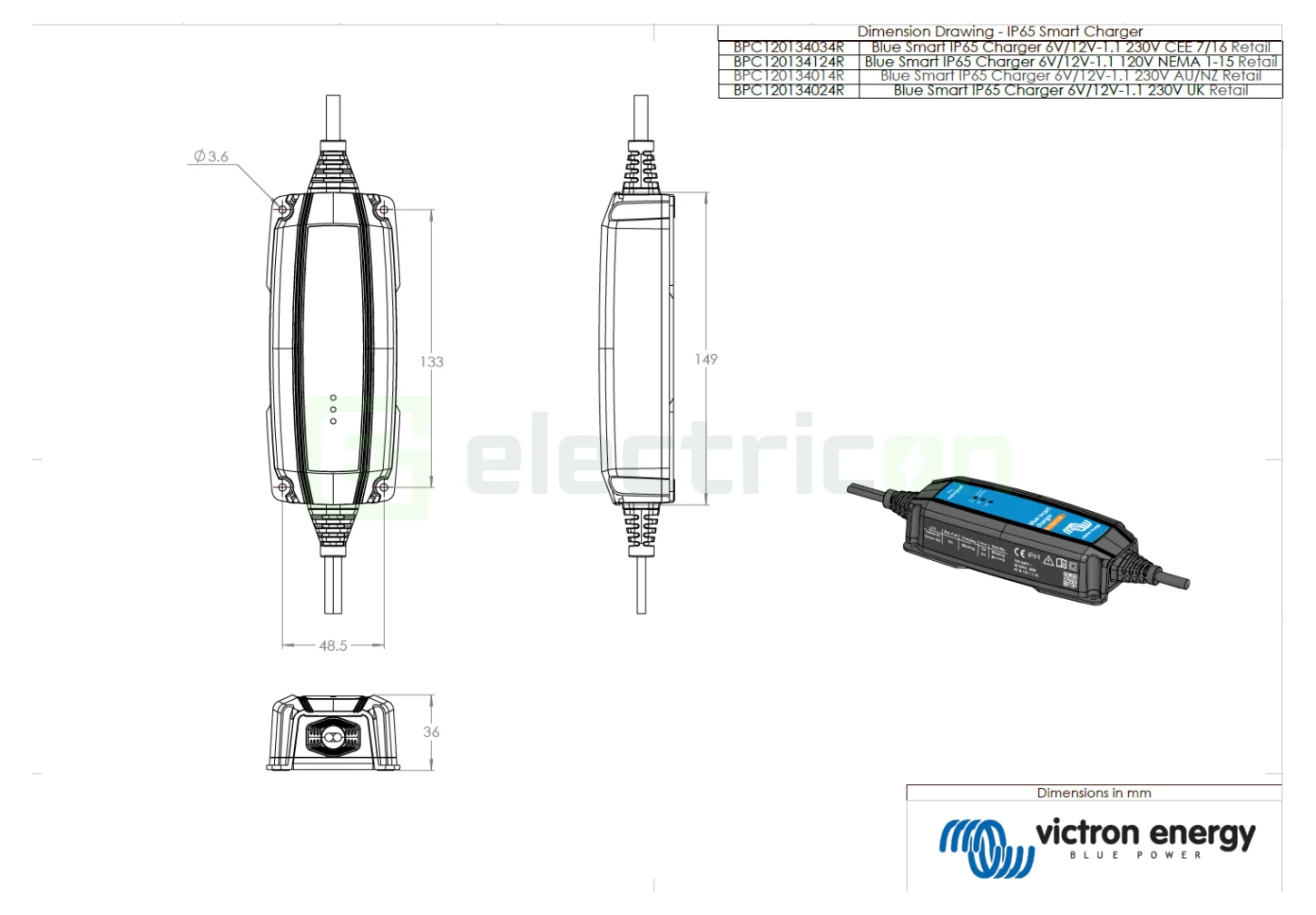 Incarcator de retea Victron Energy Blue Smart IP65 Charger 6V 12V-1.1 + DC connector [3]