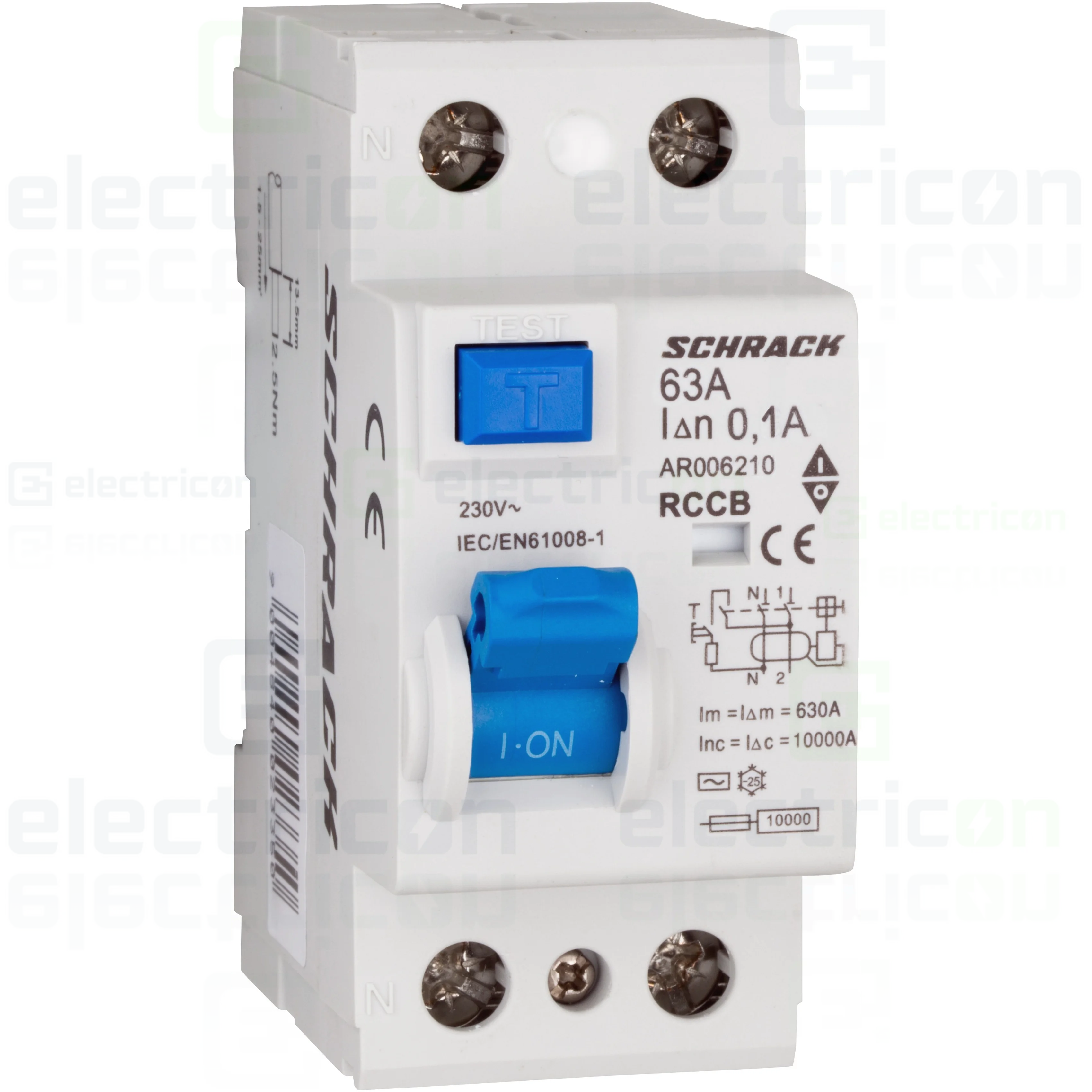 Intrerupator diferential RCCB, 2P, 100mA, 10kA, tip A, 63A, Amparo, Schrack [1]