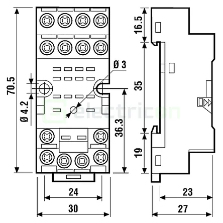 Soclu releu Finder 94.74, intermediar 14 pini, seria 55 (55.32, 55.34, 85.02, 85.04), șină DIN [7]
