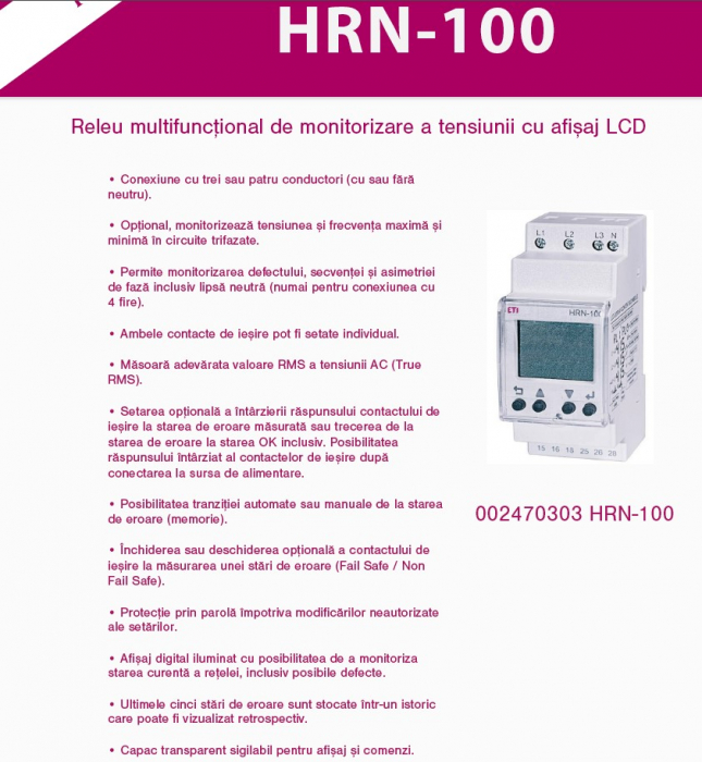 Releu monitorizare pentru tensiune trifazată, 5A, 2CO, 400V, HRN-100, ETI,002470303 [2]