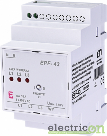 Contactoare, Relee, Contoare & Surse - Releu de supraveghere cu prioritizare, comutator automat de faza, 16A, 1Z, EPF-43, ETI,002470280