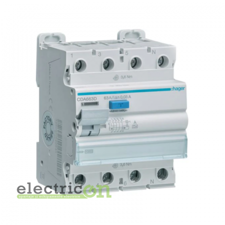 RCCB – întrerupătoare diferențiale - Diferential 63A/30mA Hager - CDA663D
