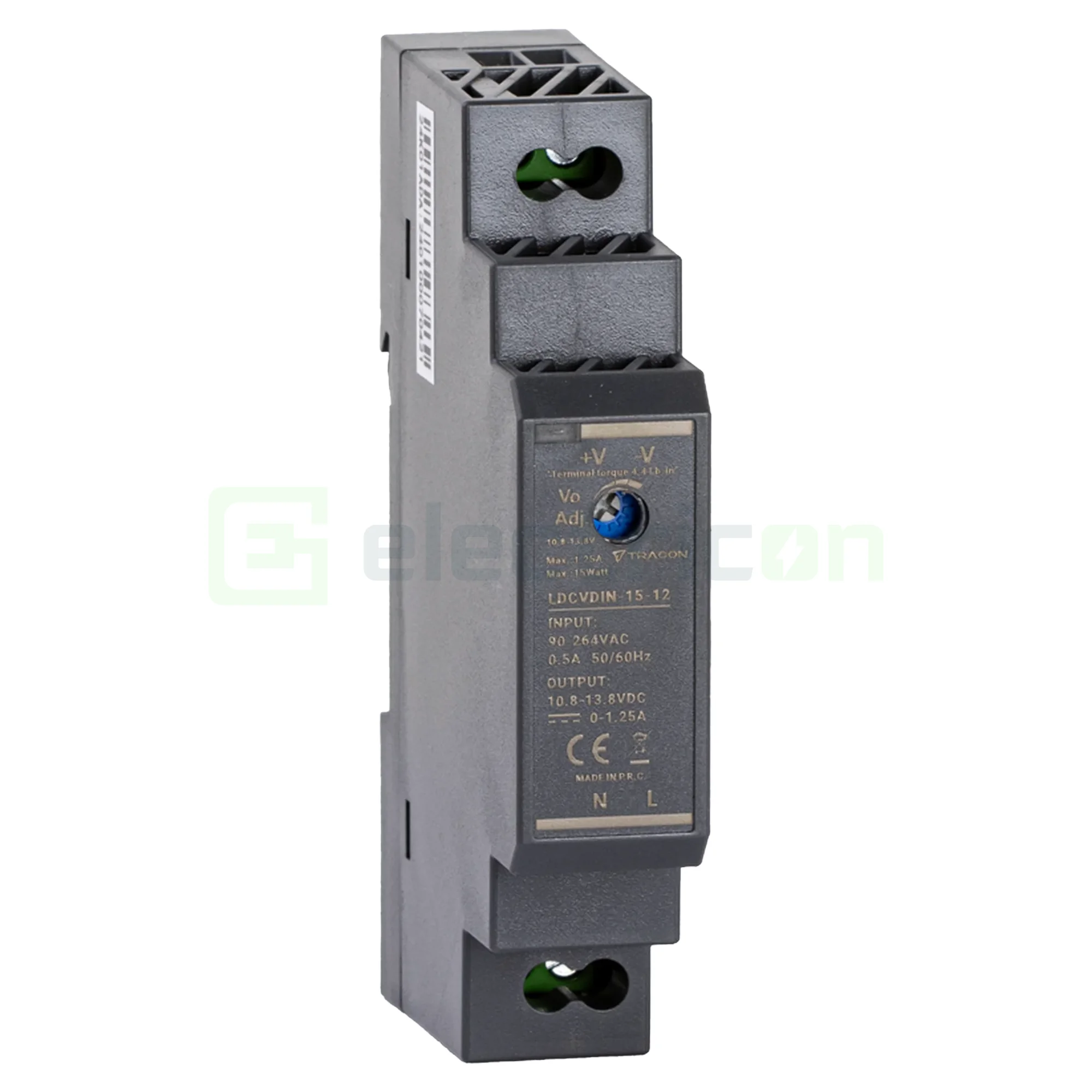 Surse alimentare - Alimentator cu montaj pe șină DIN, cu ieșire de CC reglabilă,90-264VAC,0,5A/DC12V,1,25A/15W, Tracon Electric, LDCVDIN-15-12