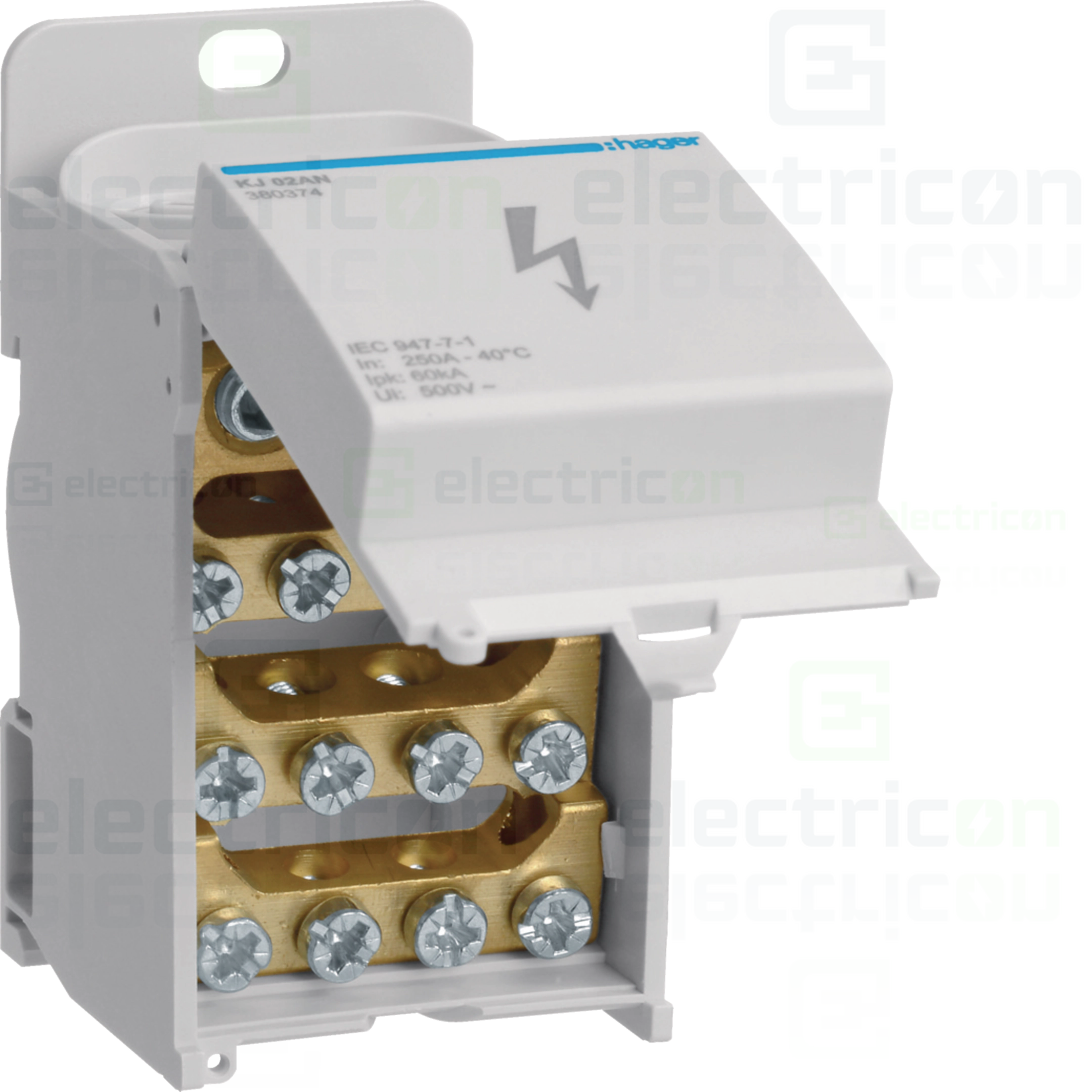 Blocuri distributie - Bloc distributie terminal, 1 pol, 250A, 1x120 mm²+1x50mm²+8x25mm²+4x16mm², latime 45mm, Hager, KJ02AN