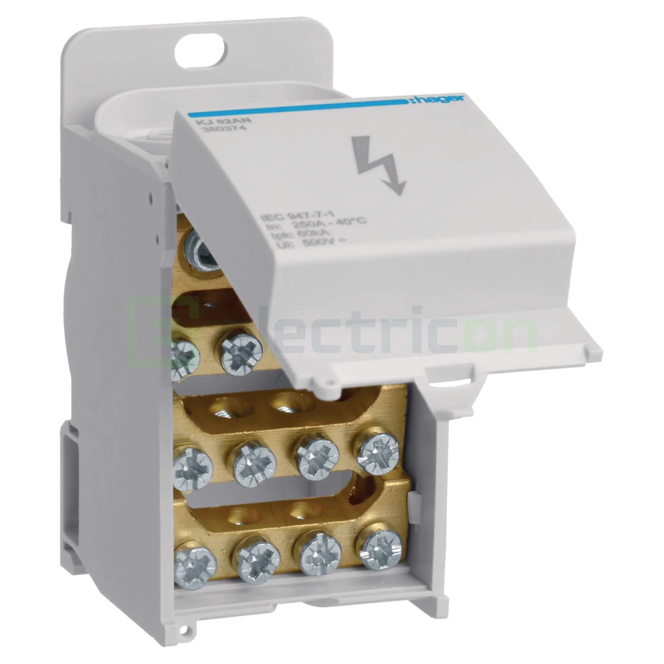 Bloc distributie terminal, 1 pol, 250A, 1x120 mm²+1x50mm²+8x25mm²+4x16mm², latime 45mm, Hager, KJ02AN