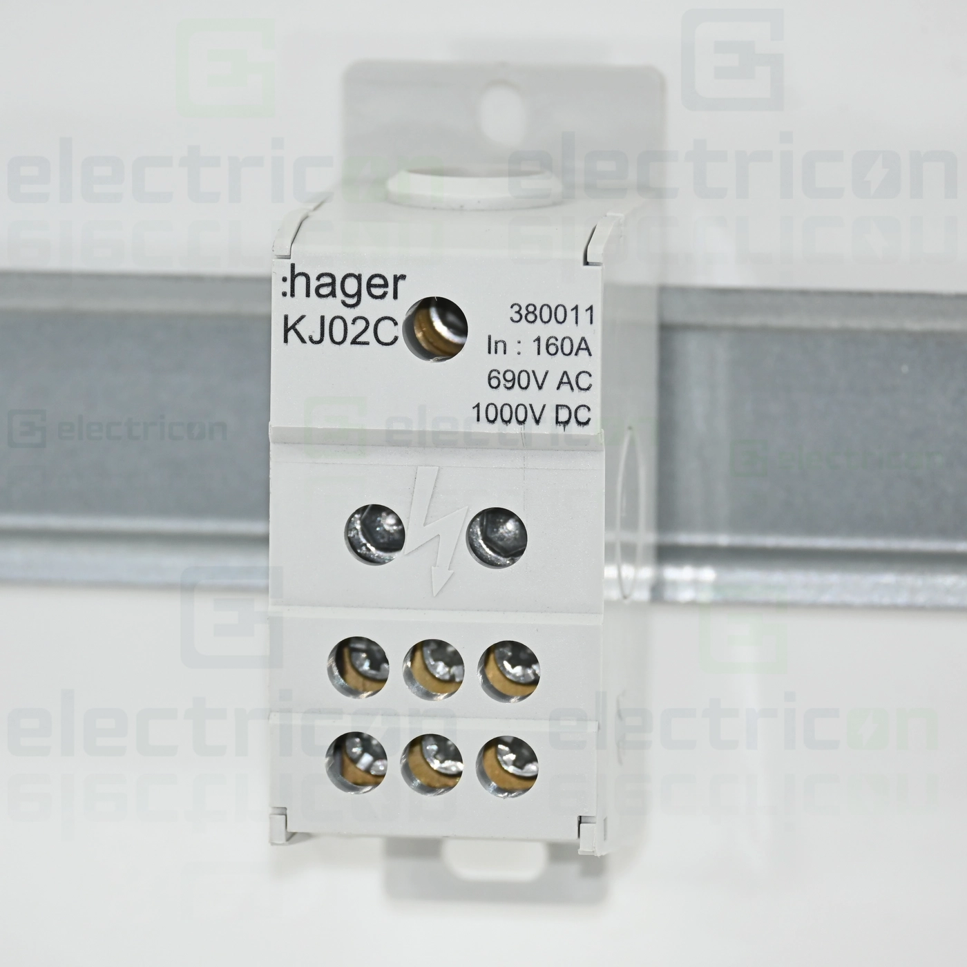 Cleme și conectori electrici - Bloc distribuție terminal, 1P, 160A, 1x70mm²+6x16mm² + 1 bară colectoare 16x5mm, lățime 35mm, Hager,  KJ02C