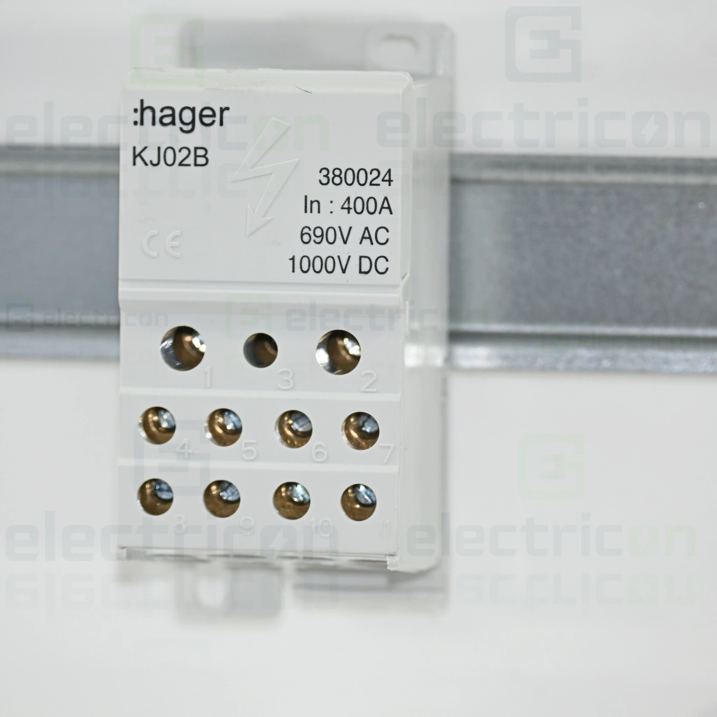 Cleme și conectori electrici - Bloc distribuție terminal, 1P, 400A, 1x185mm²+2x35mm²+5x16mm²+4x1,5-10 mm² lățime 45mm, Hager,  KJ02B