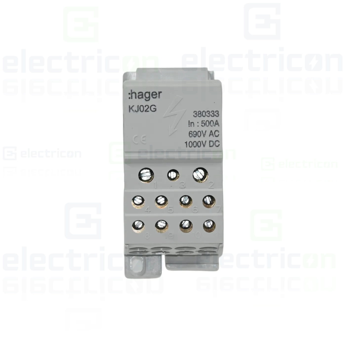 Cleme și conectori electrici - Bloc distributie terminal, 1P, 500A, 2x35mm² + 5x16mm² + 4x10mm² + bara colectoare din cupru de 24x6mm, latime 45mm, Hager, KJ02G