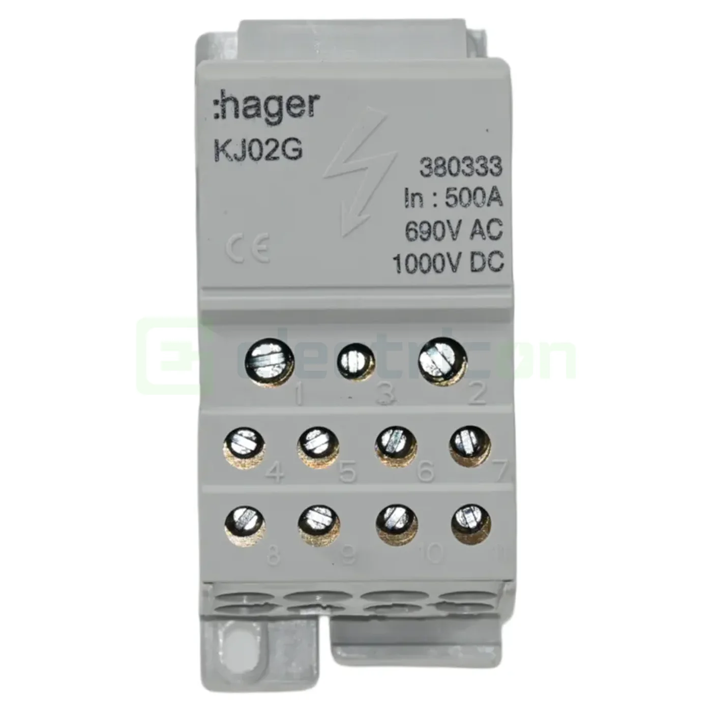 Bloc distributie terminal, 1P, 500A, 2x35mm² + 5x16mm² + 4x10mm² + bara colectoare din cupru de 24x6mm, latime 45mm, Hager, KJ02G [0]