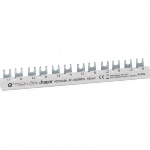 Busbar și accesorii - Bareta alimentare (busbar), 3P, tip furca, 12 module, 10mmp, 63A, Hager, KDS563A