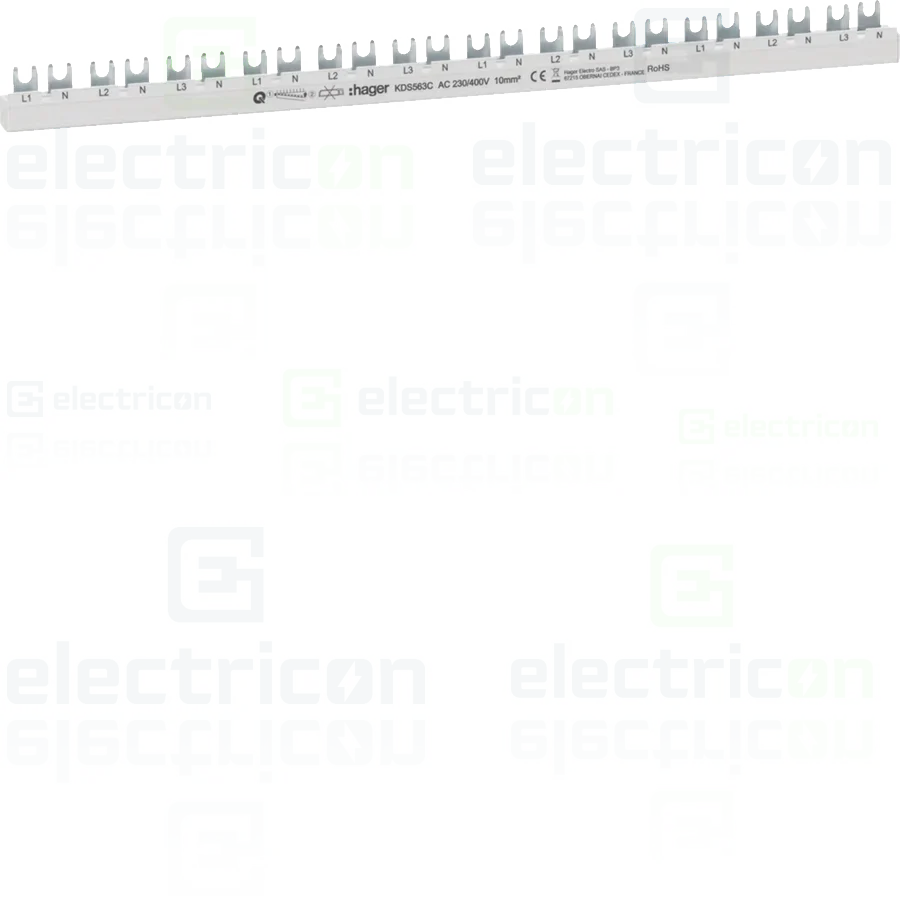 Busbar și accesorii - Bareta alimentare (busbar), 4P, tip furca, 24 module, 10mmp, 63A, Hager, KDS563C