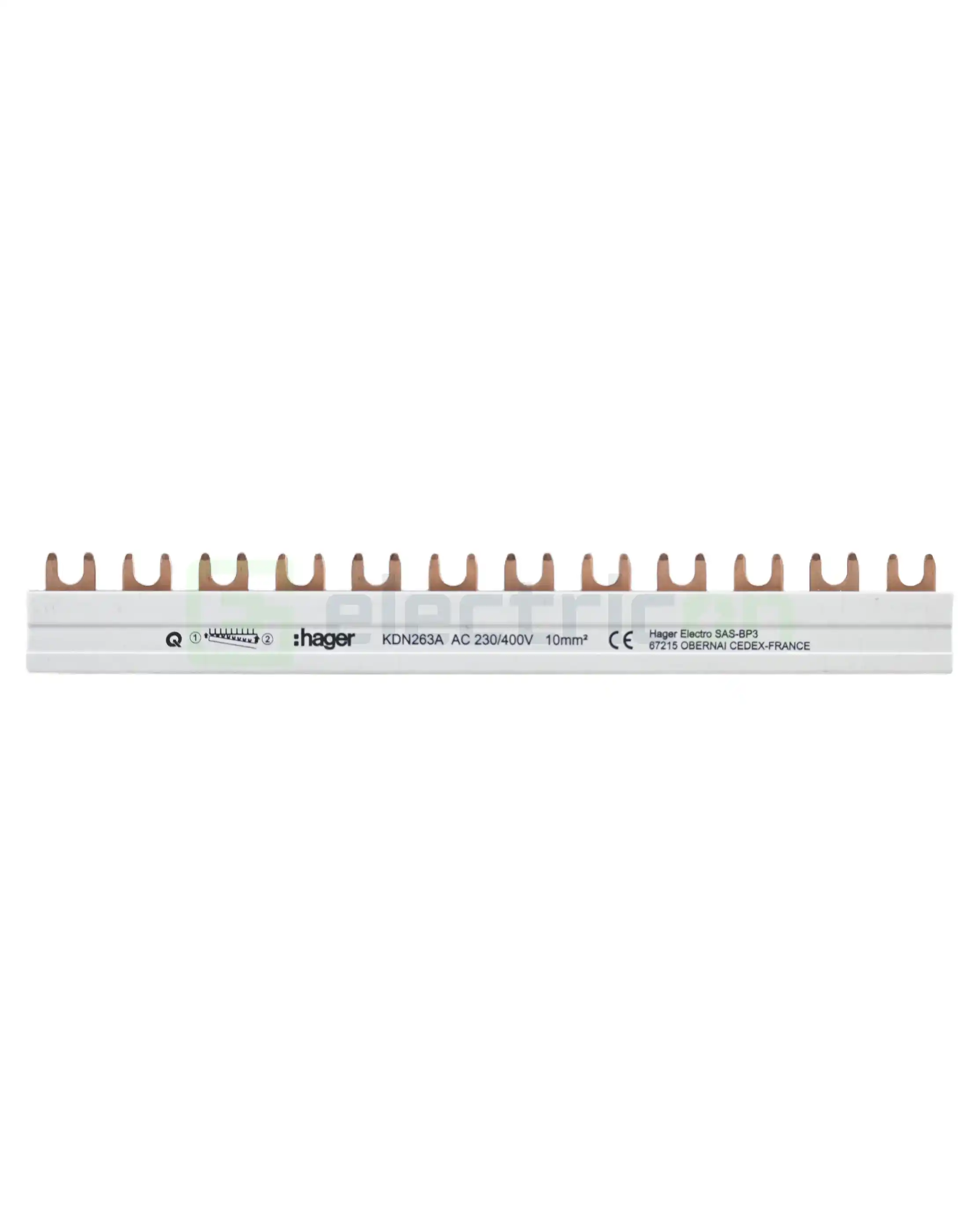 Busbar și accesorii - Bareta alimentare (busbar), 2P, tip furca, 12 module, 10mmp, 63A, Hager, KDN263A