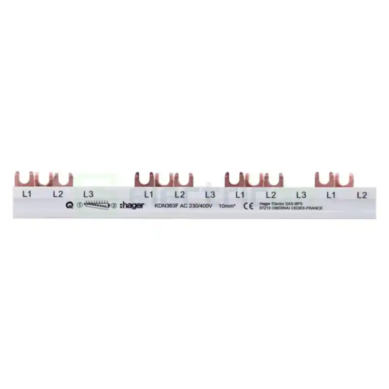 Busbar și accesorii - Bareta alimentare (busbar), 3P, tip furca, 12 module, 10mmp, 63A, Hager, KDN363F