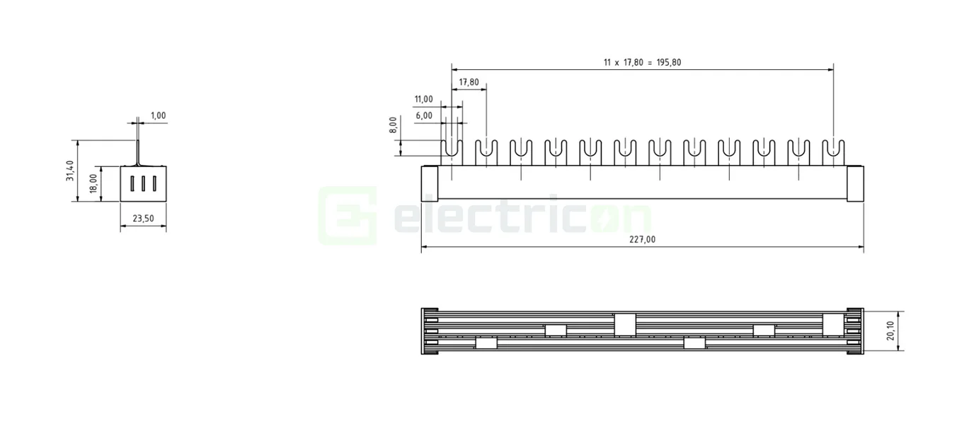 Busbar trifazat Schrack BSA90153 4P furcă 12 module 10mm² 65A L1N/L2N/L3N [4]