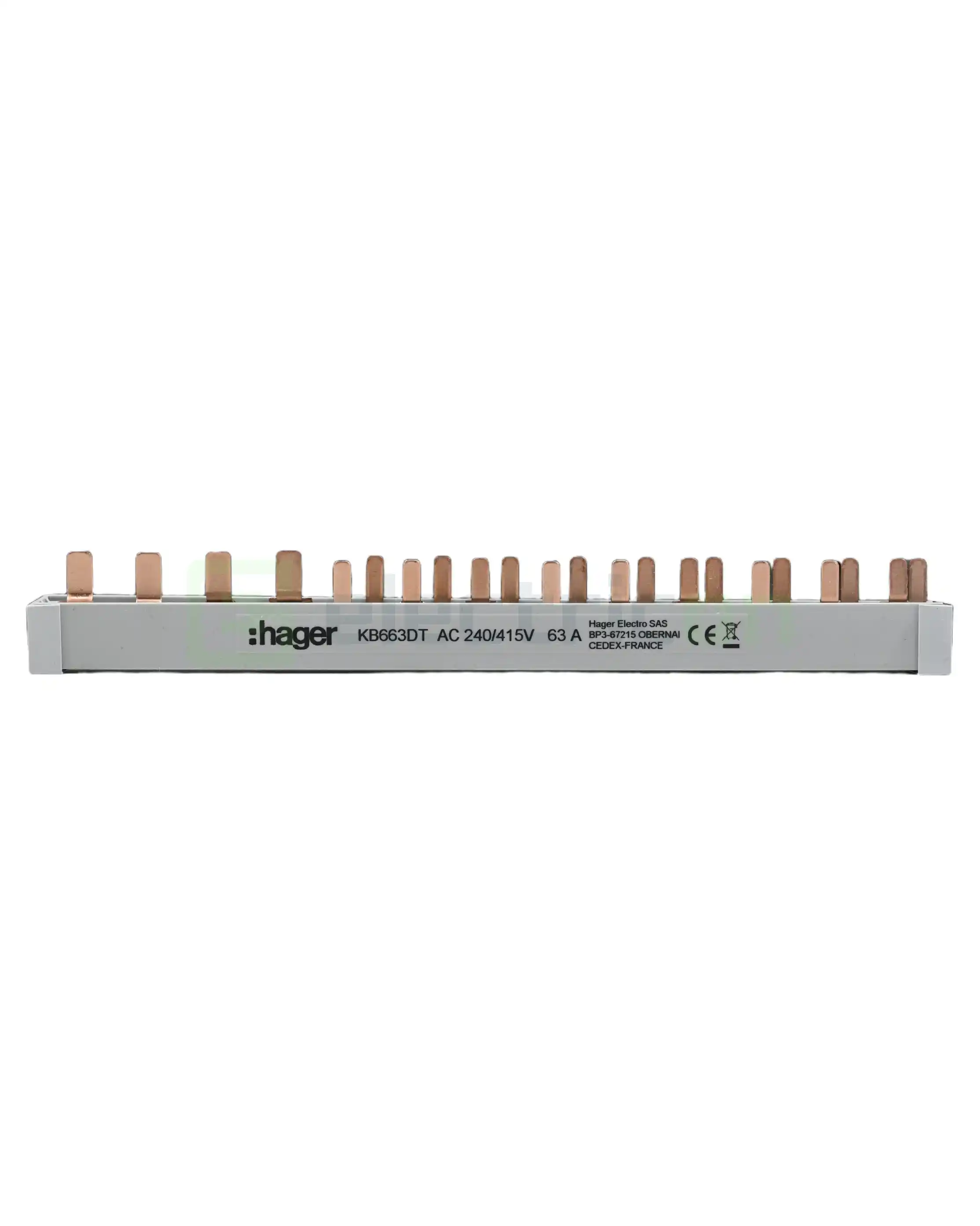 Busbar și accesorii - Bareta alimentare (busbar), 4P, tip pin, 13 module, 10mmp, 63A, Hager, KB663DT