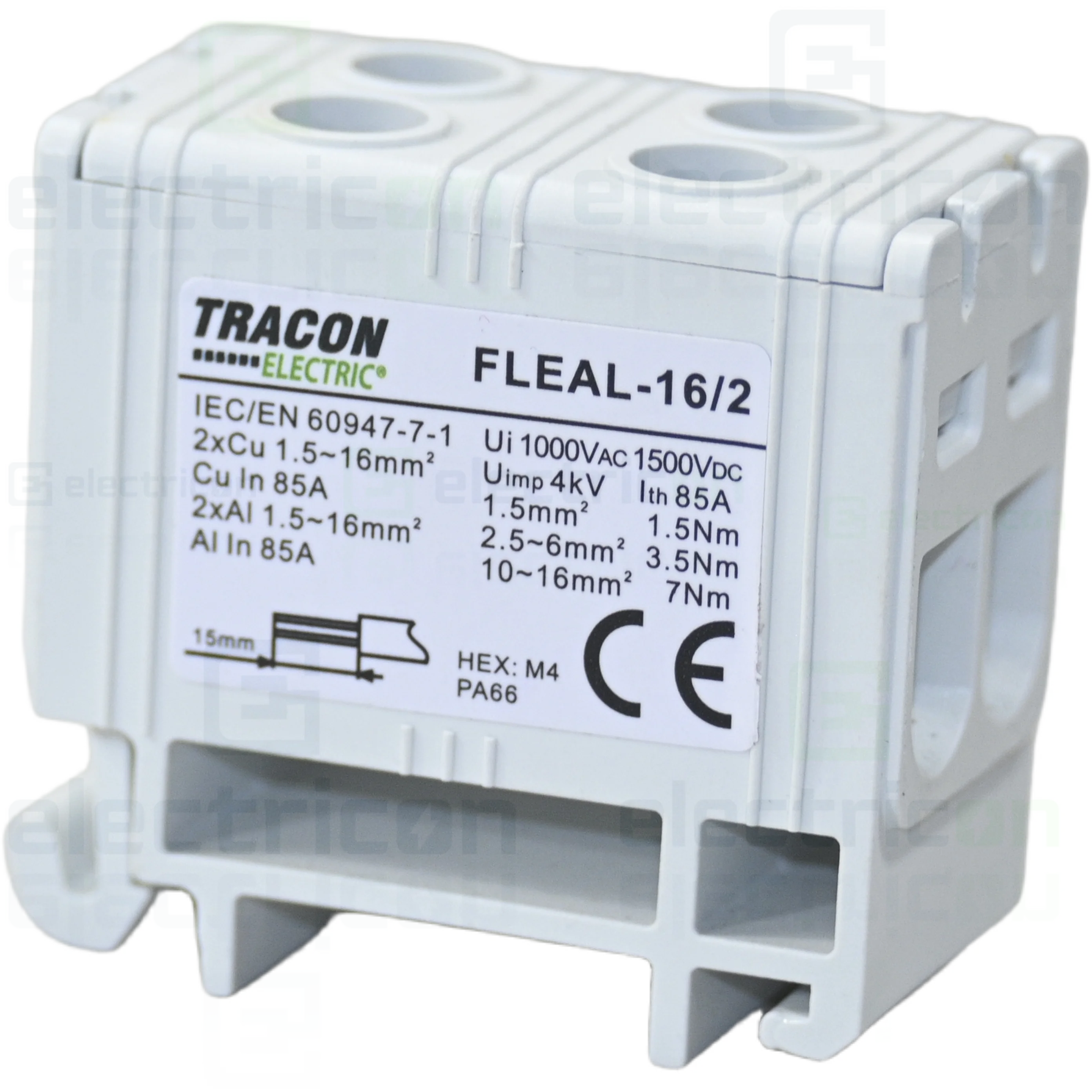 Cleme și conectori electrici - Clema de derivatie, fixare pe sina, gri, Tracon, FLEAL-16/2