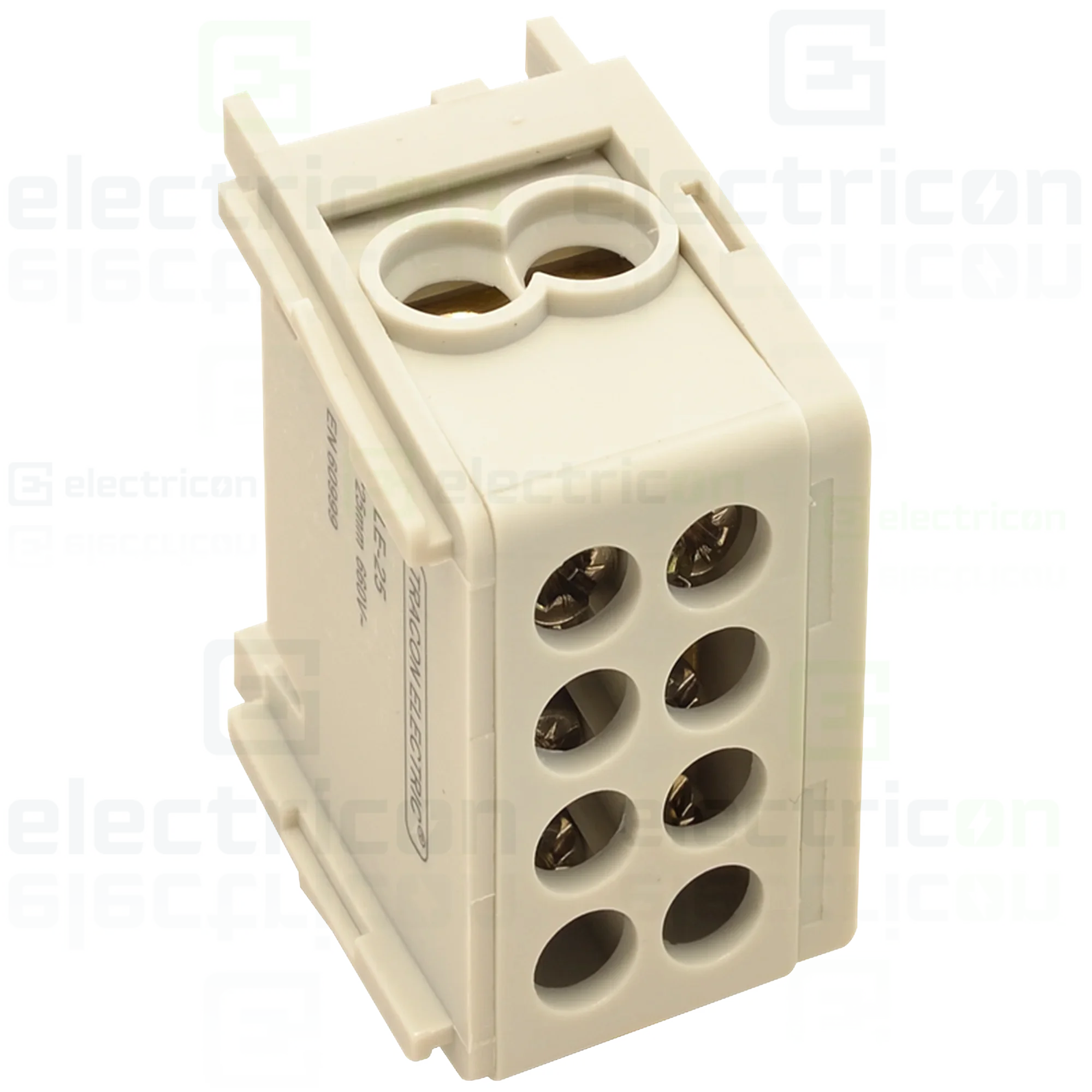 Clemă derivaţie - Clema derivatie, fixare pe sina, gri FLE-25 2×25mm2 / 2×25mm2, 400VAC, 101A Tracon Electric, FLE-25