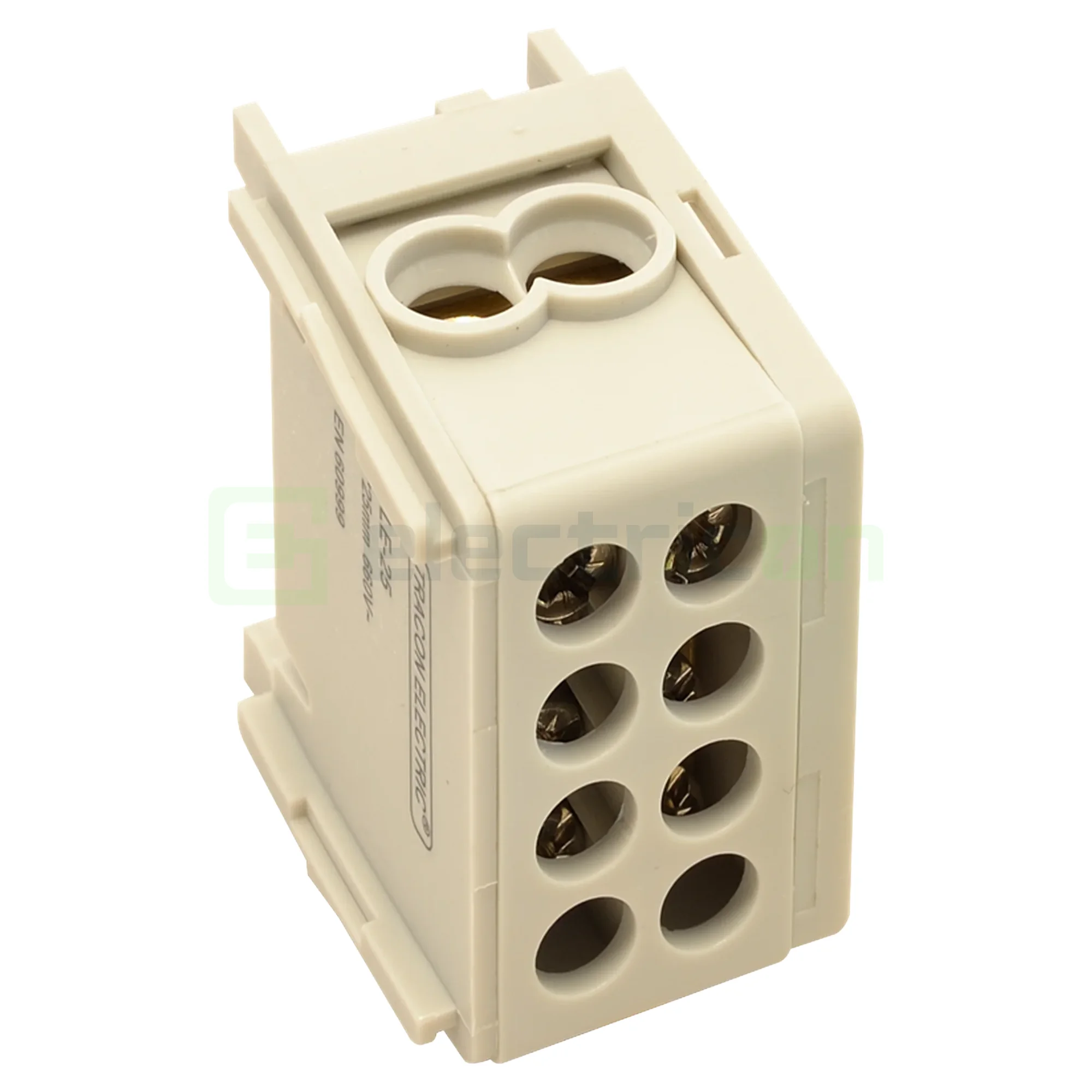 Cleme și conectori electrici - Clema derivatie, fixare pe sina, gri FLE-25 2×25mm2 / 2×25mm2, 400VAC, 101A Tracon Electric, FLE-25