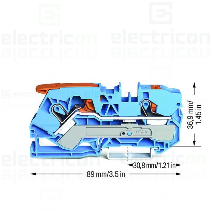 Clema șir, cu pârghie și buton, 2 conexiuni, 10 mm²,albastru, TopJobs CLAMP, Wago, 2110-5204 [3]