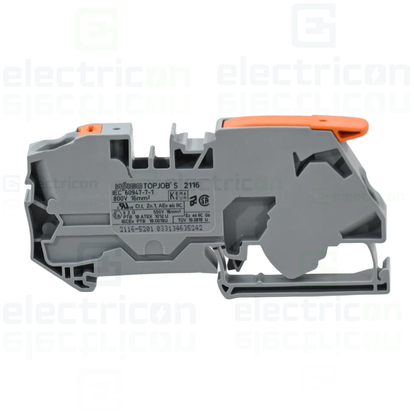 Cleme și conectori electrici - Clema șir, cu pârghie și buton, 2 conexiuni, 16 mm²,gri, TopJobs Clamp, Wago, 2116-5201