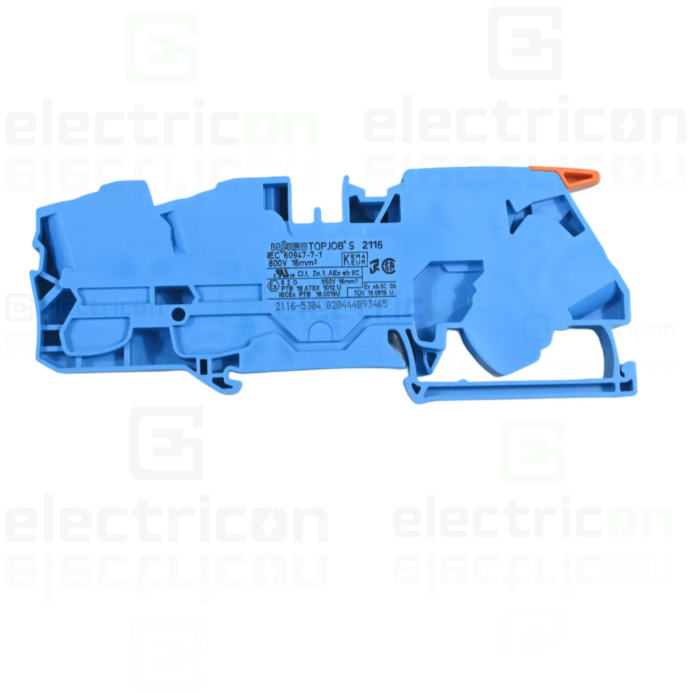 Cleme și conectori electrici - Clema șir, cu pârghie și buton, 3 conexiuni, 16 mm²,albastru, TopJobs Clamp, Wago, 2116-5304