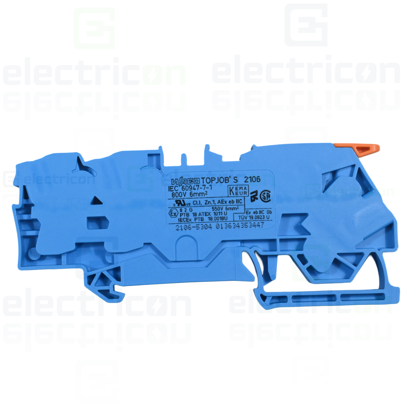 Cleme sir - Clema șir, cu pârghie și buton, 3 conexiuni, 6 mm²,albastru,TopJobs Clamp, Wago, 2106-5304