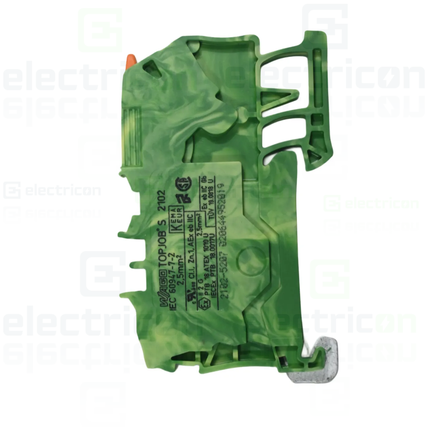 Cleme și conectori electrici - Clema șir, cu pârghie și buton,împământare, 2 conexiuni, 2,5 mm²,galben-verde,TopJobs Clamp, Wago, 2102-5207