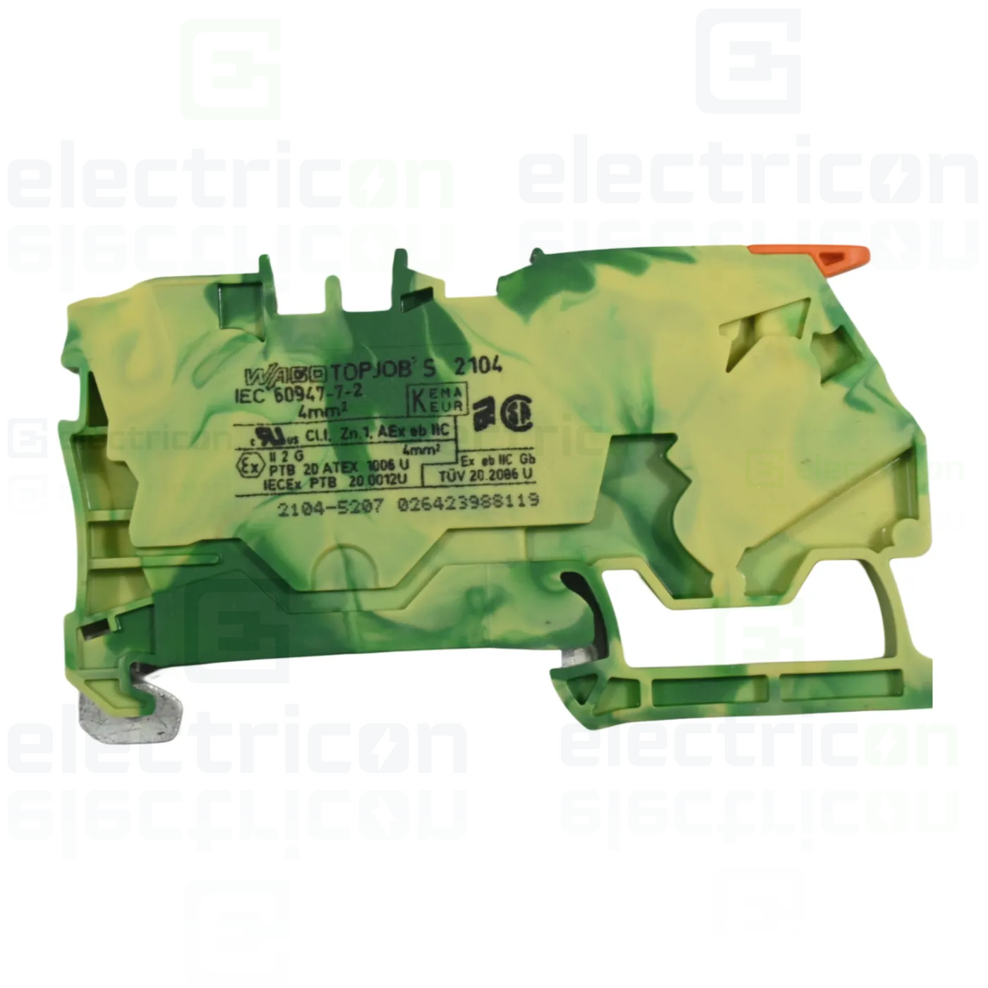 Cleme și conectori electrici - Clema șir, cu pârghie și buton,împământare, 2 conexiuni, 4 mm², galben-verde, TopJobs Clamp, Wago, 2104-5207