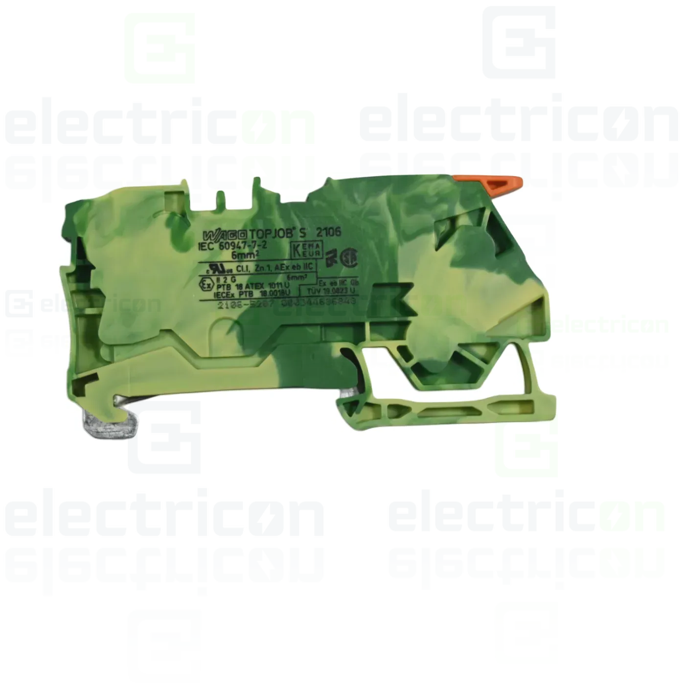 Cleme și conectori electrici - Clema șir, cu pârghie și buton,împământare, 2 conexiuni, 6 mm²,galben-verde, TopJobs Clamp, Wago, 2106-5207