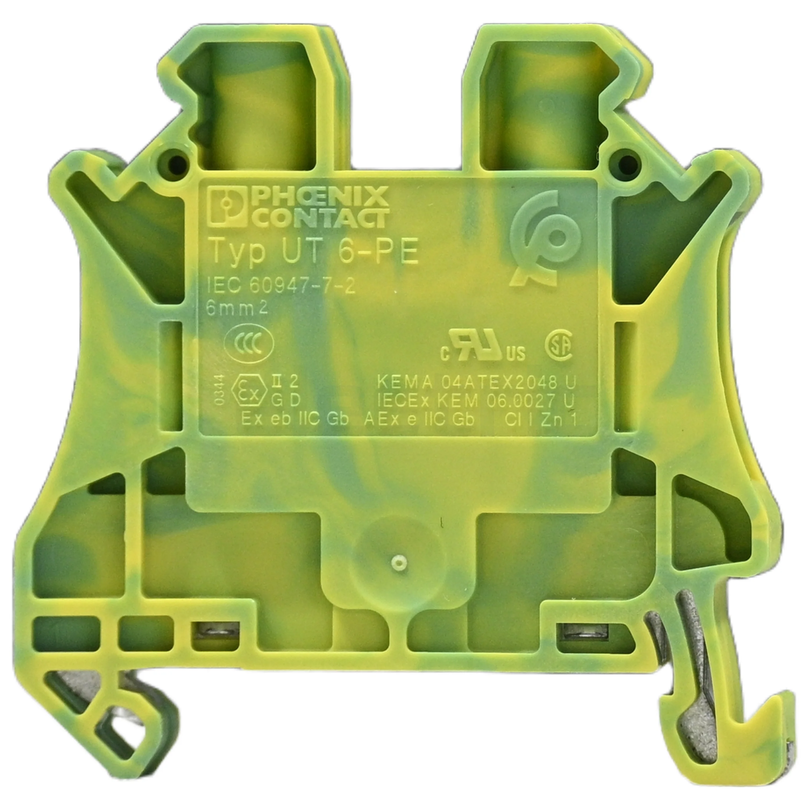 Cleme sir - Clema șir cu șurub, 2PT, 2 conexiuni, 6 mm², verde-galben, UT 6 BU, Phoenix Contact, 3044157